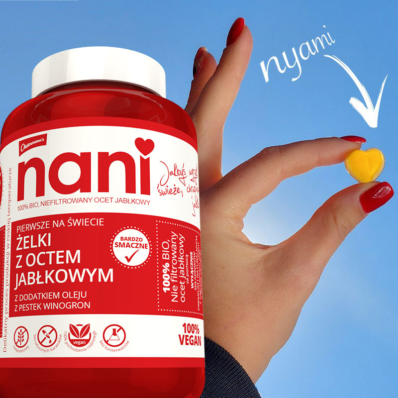 NANI żelki z octem jabłkowym 100% wegańskie, z bio, niefiltrowanego octu jabłkowego z „matką octu”, wyłącznie z naturalnych składników, Z PRAWDZYWYCH JABŁEK, bez dodatku cukru, słodzików, syropu glukozowego, konserwantów i sztucznych dodatków!