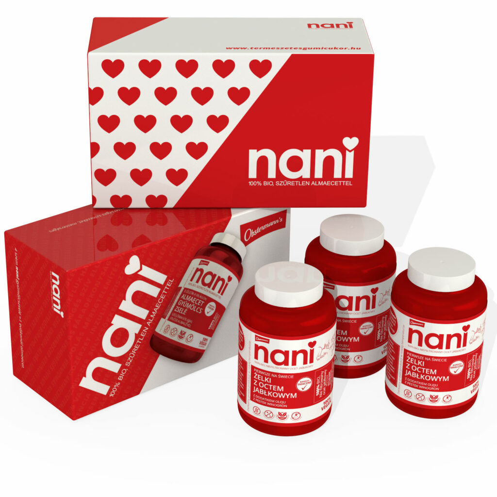 NANI żelki z octem jabłkowym 100% wegańskie, z bio, niefiltrowanego octu jabłkowego z „matką octu”, wyłącznie z naturalnych składników, Z PRAWDZYWYCH JABŁEK, bez dodatku cukru, słodzików, syropu glukozowego, konserwantów i sztucznych dodatków!